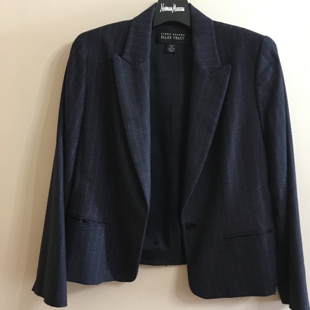 Classic Pinstripe crop wool jacket by Linda Allard for Ellen Tracy 14 Petite EUC